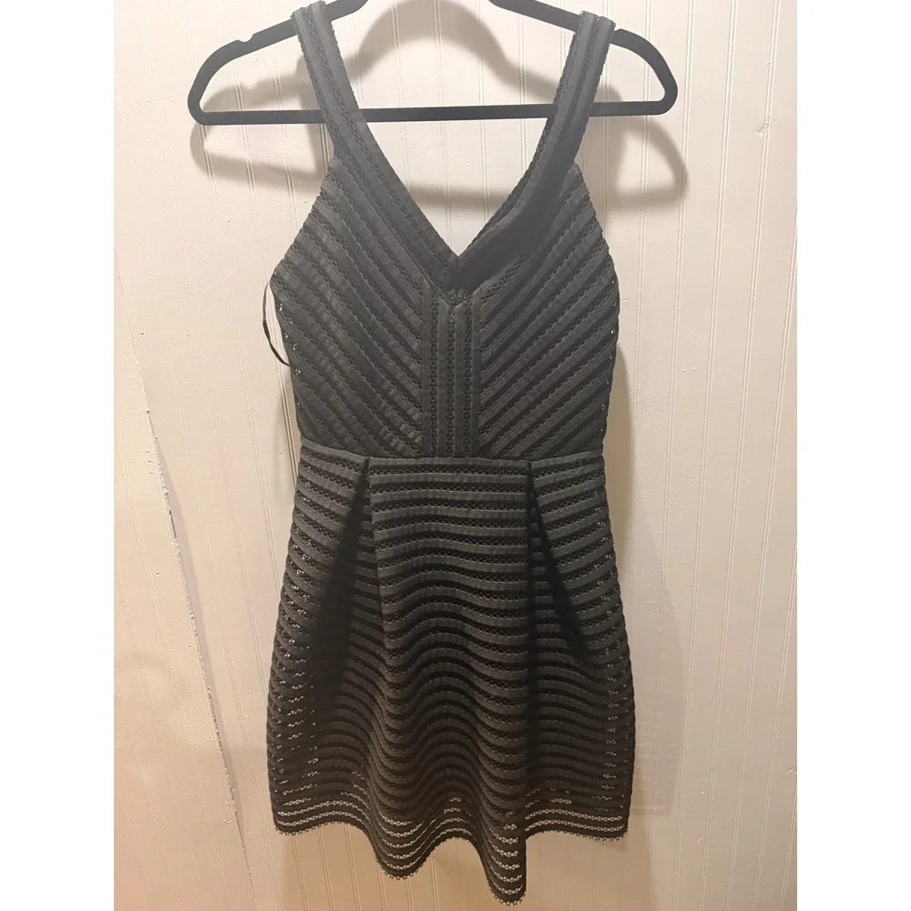 Express Black Textured Mesh Fit‎ and Flare Mini Dress Sleeveless V-Neck Party